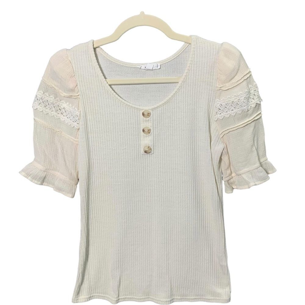 MINE Ribbed Puff Sleeve Ruffled Blouse Small in Cream Color